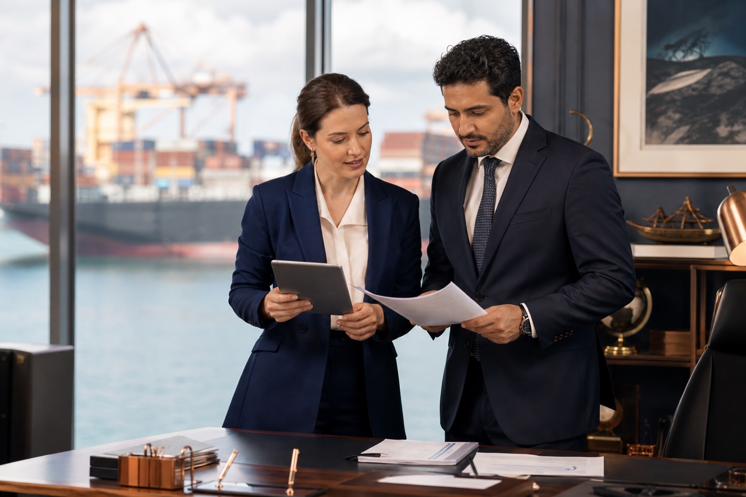 Liman bağlantılı bir ofiste dış ticaret belgelerini inceleyen profesyonel ekip